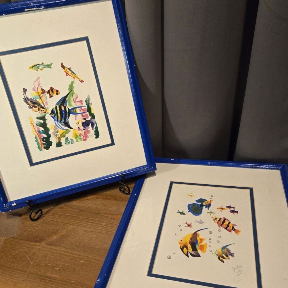 2 Framed Aquatic Fish Watercolor Original Art, Signed & Dated 1991